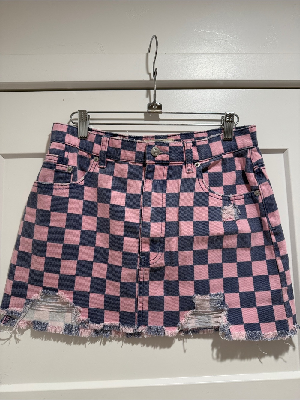 We The Free Pink and Navy Checker Mini Skirt